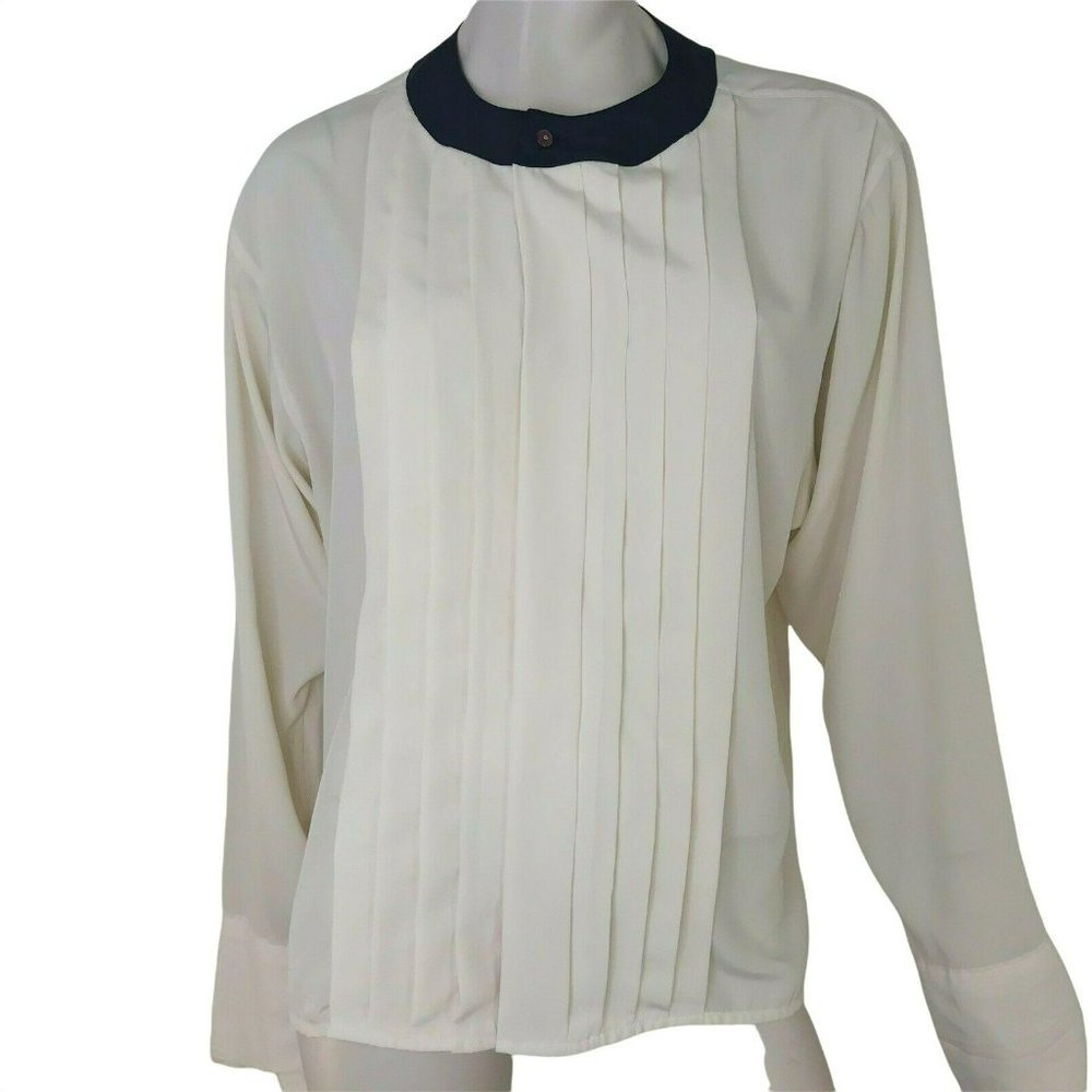Talbots Blouse Womens 12 Long Cuff Sleeve Pleated Navy Silky Vintage